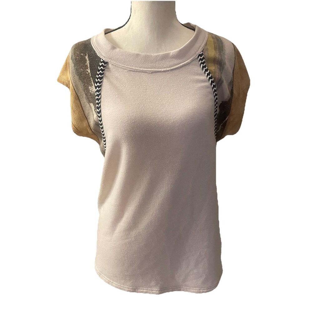 CES FEMME Mixed Media Raglan Top Small - Boho Colorblock Cap Sleeve Graphic Tee